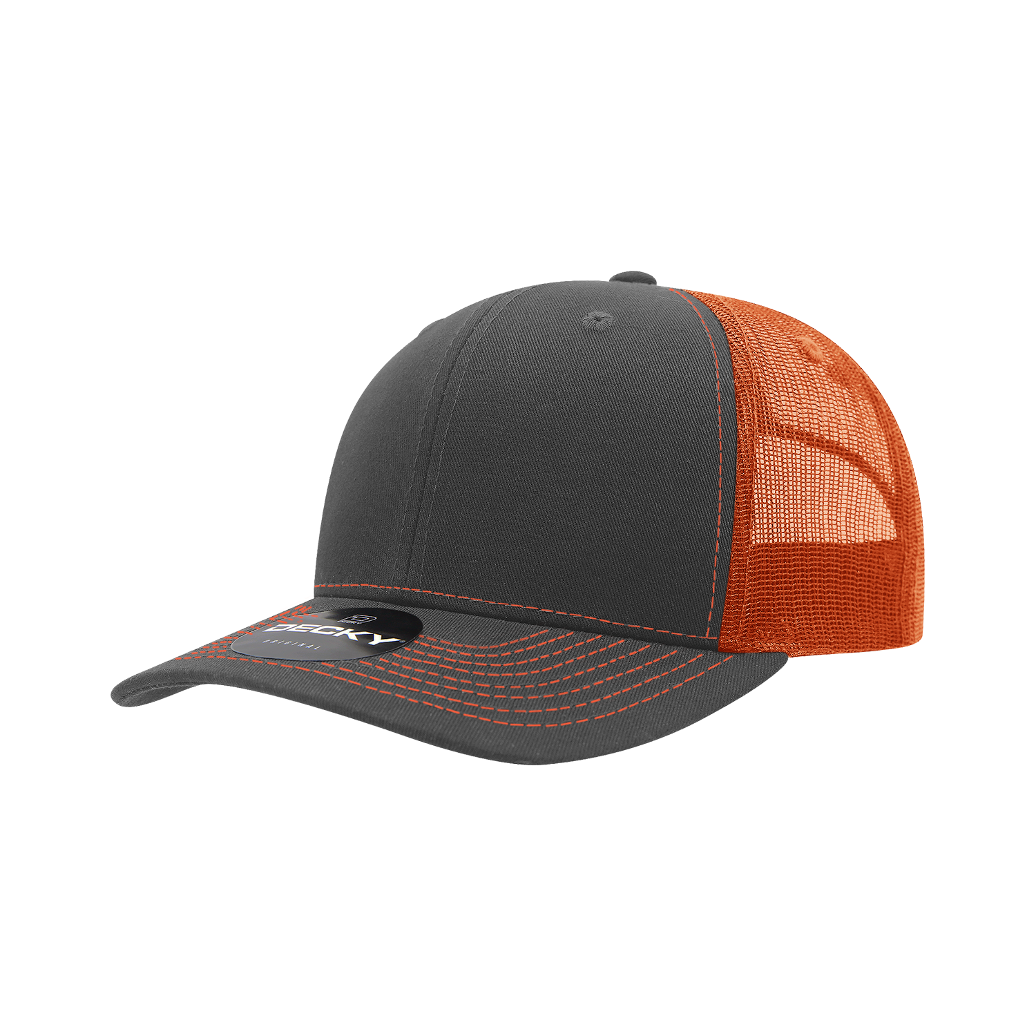 Decky 6031 6 Panel Mid Profile Structured Contra-Stitch Trucker - Charcoal Orange