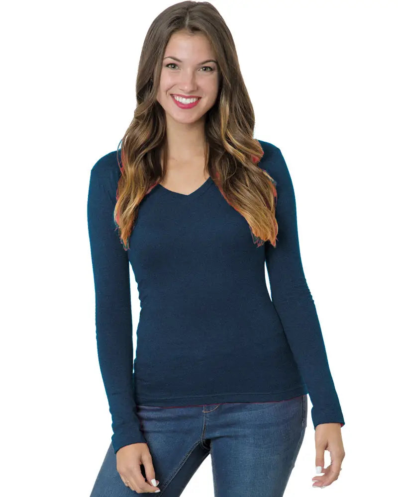 Bayside 3415b Women’s Usa-made Deep V-neck Long Sleeve T-shirt - 3415 - Heather Navy