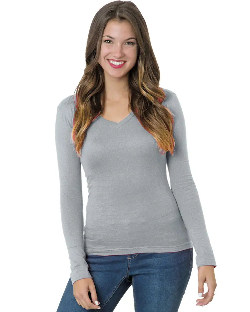 Bayside 3415b Women’s Usa-made Deep V-neck Long Sleeve T-shirt - 3415 - Dark Ash
