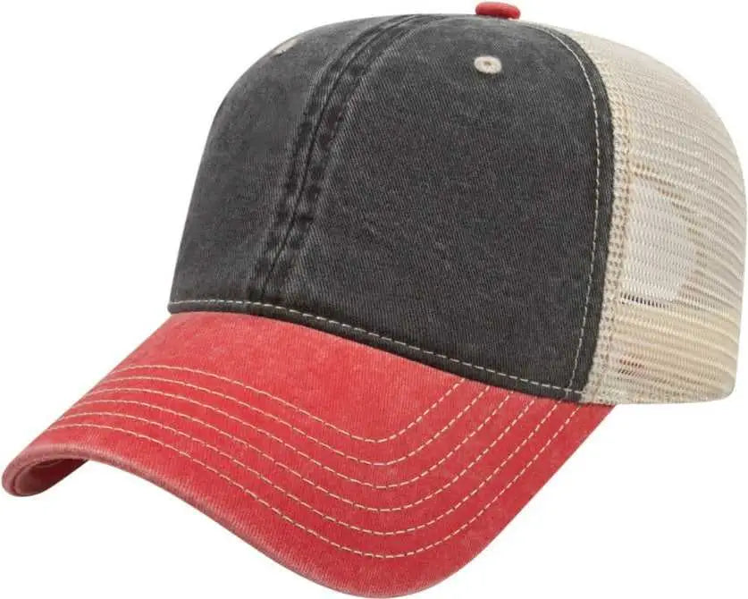 Cap America I3027 Washed Pigment Dyed with Mesh - Black Red Stone - Ivory / one Size Fits Most