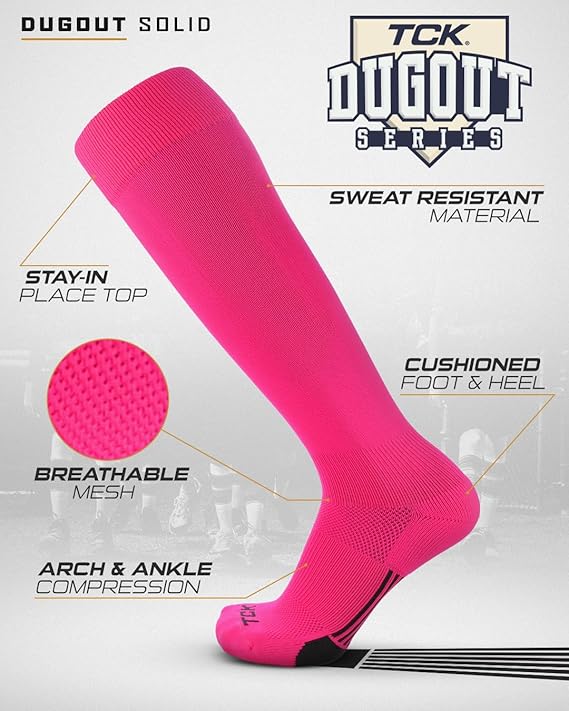TCK Dugout Solid Color Knee High Sports Socks - Hot Pink - HIT a Double - 1