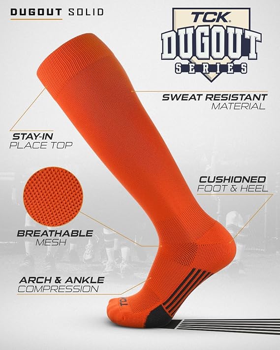 TCK Dugout Solid Color Knee High Sports Socks - Orange - HIT a Double - 1