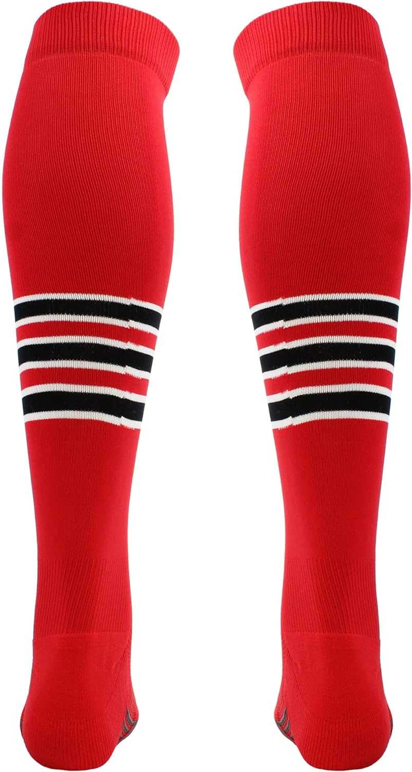 TCK Dugout Striped Over the Knee Baseball Socks - Scarlet White Black - HIT a Double