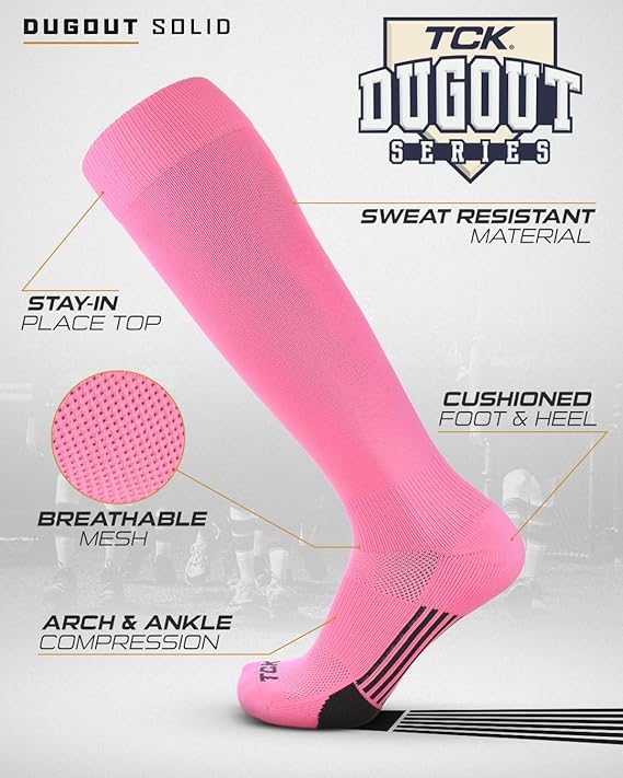 TCK Dugout Solid Color Knee High Sports Socks - Bright Pink - HIT a Double - 1