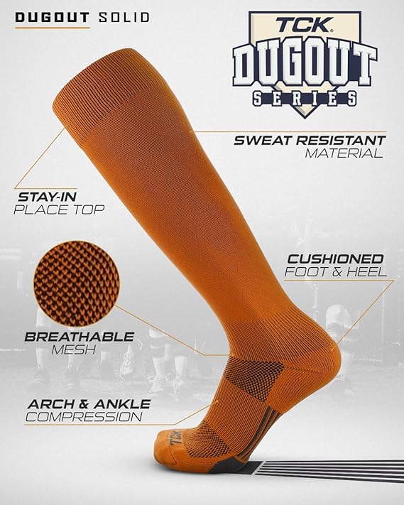 TCK Dugout Solid Color Knee High Sports Socks - Texas Orange - HIT a Double - 1