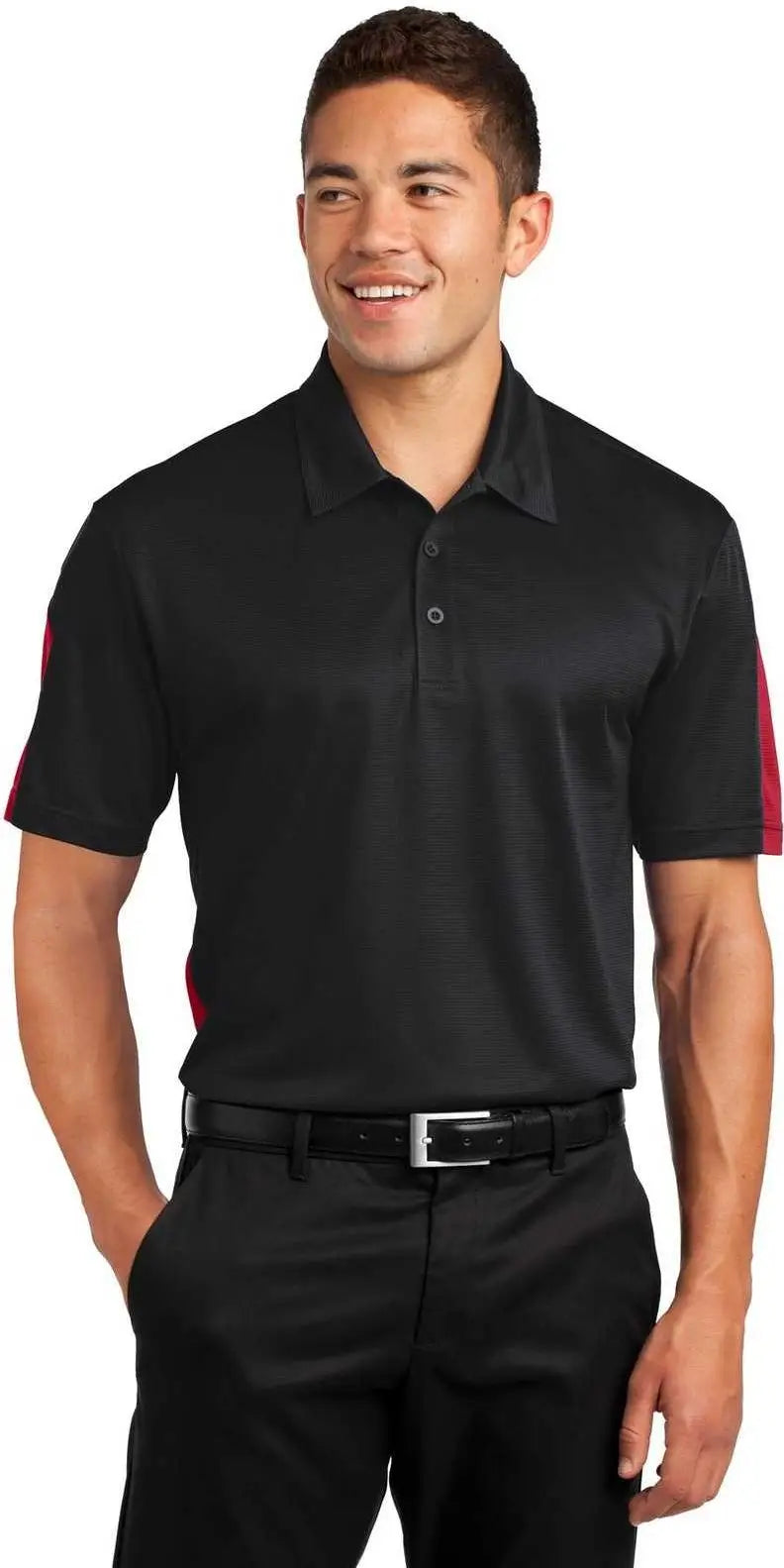 Sport-tek St695 Posicharge Active Textured Colorblock Polo - Black True Red