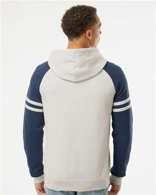 Jerzees 97cr Nublend® Varsity Colorblocked Raglan Hooded Sweatshirt - Oatmeal Heather Indigo
