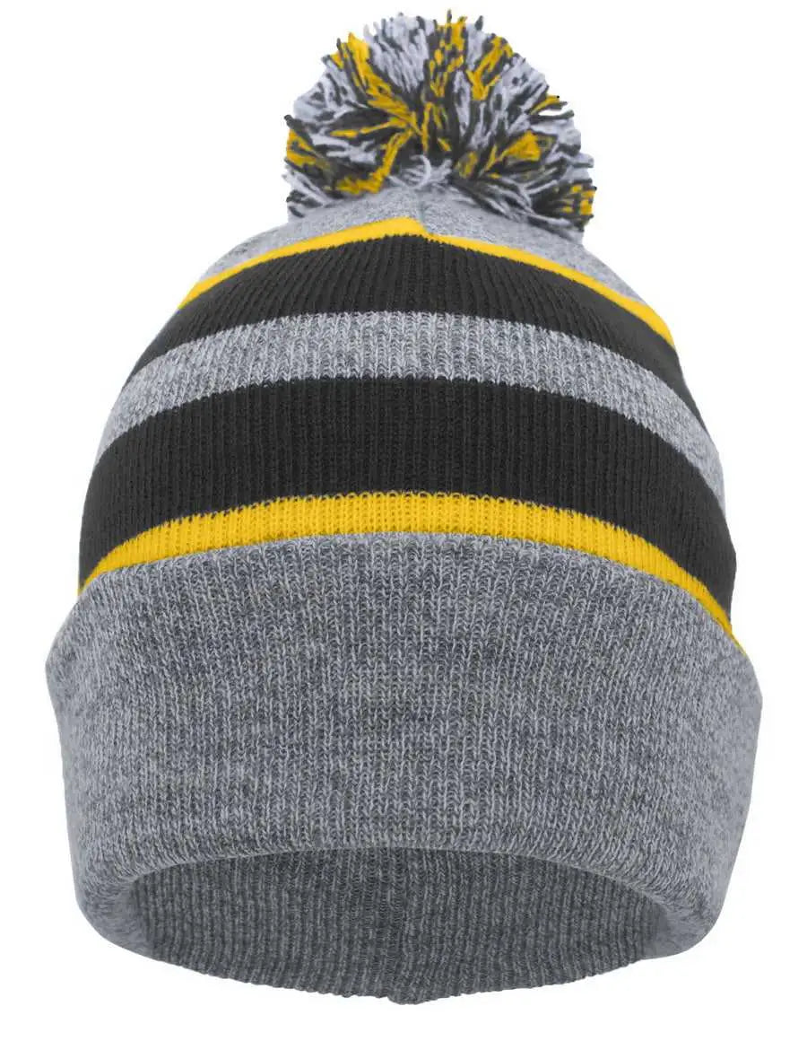 Pacific Headwear 641k Pom-pom Cuff Beanie - Heather Gray Black Gold - 7’’ - 7 7/8’’