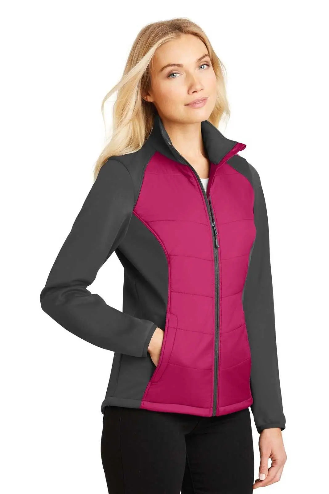 Port Authority L787 Ladies Hybrid Soft Shell Jacket - Pink Azalea Gray Steel
