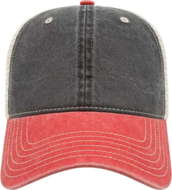 Cap America I3027 Washed Pigment Dyed with Mesh - Black Red Stone - Ivory / one Size Fits Most