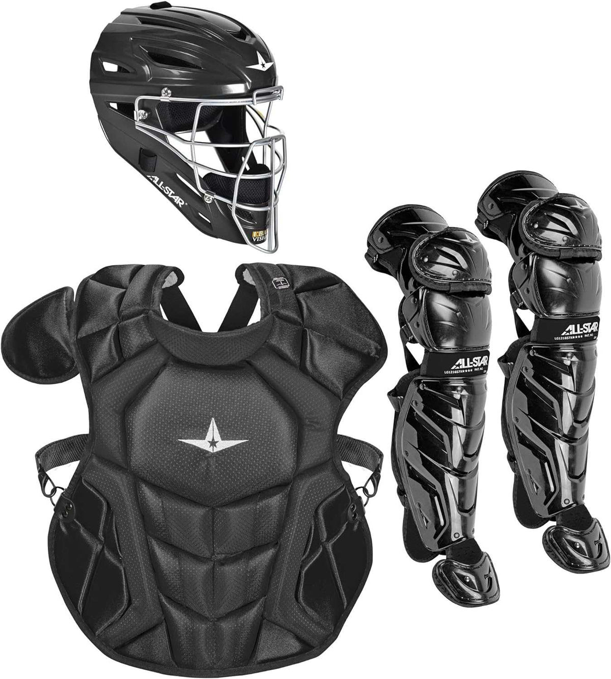All-Star System 7 Certified NOCSAE Young Pro Catcher&#39;s Set Ages 9-12 - Solid Black - HIT a Double - 1