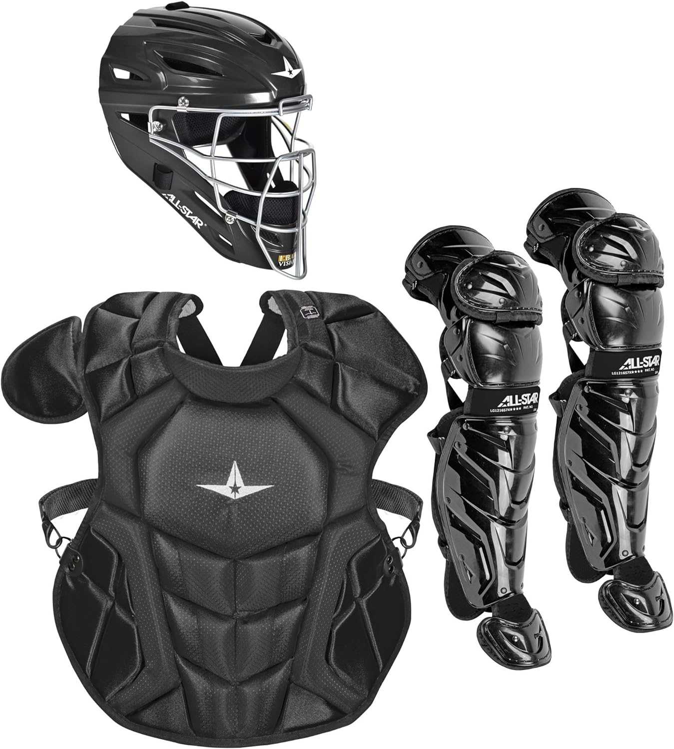 All-Star System 7 Certified NOCSAE Young Pro Catcher's Set Ages 9-12 - Solid Black - HIT a Double - 1