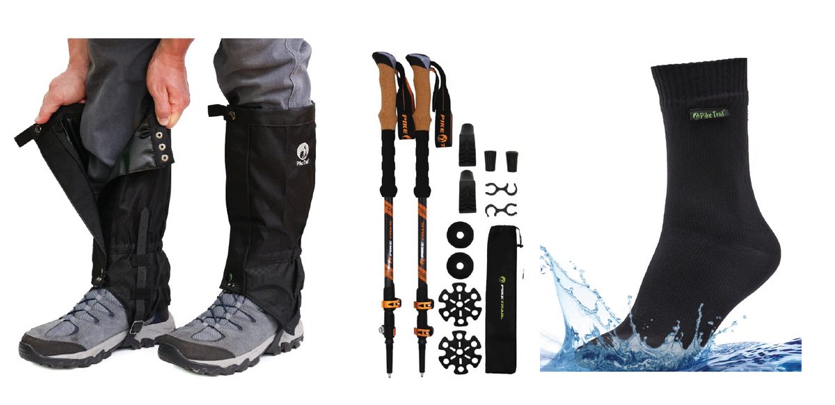 Pike Trail &quot;Hiker&quot; Bundle: Leg Gaiters - Waterproof Socks - Trekking Poles
