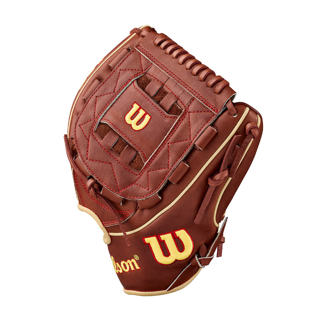Wilson A2K C12 12.00" Pitcher's Glove WBG07901RT12 - Walnut Blonde Yellow  Red - HIT a Double - 3