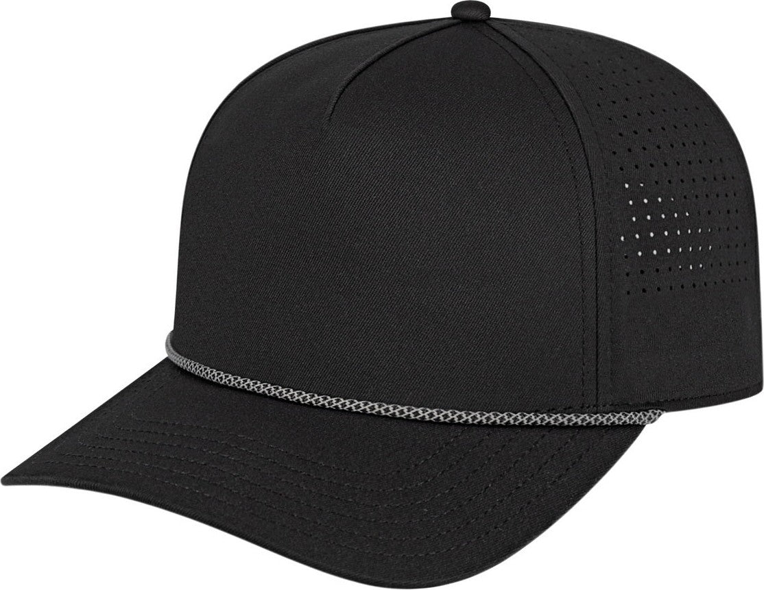Cap America i3056 Summit Perforated Cap with Rope - Black With Black Silver Rope