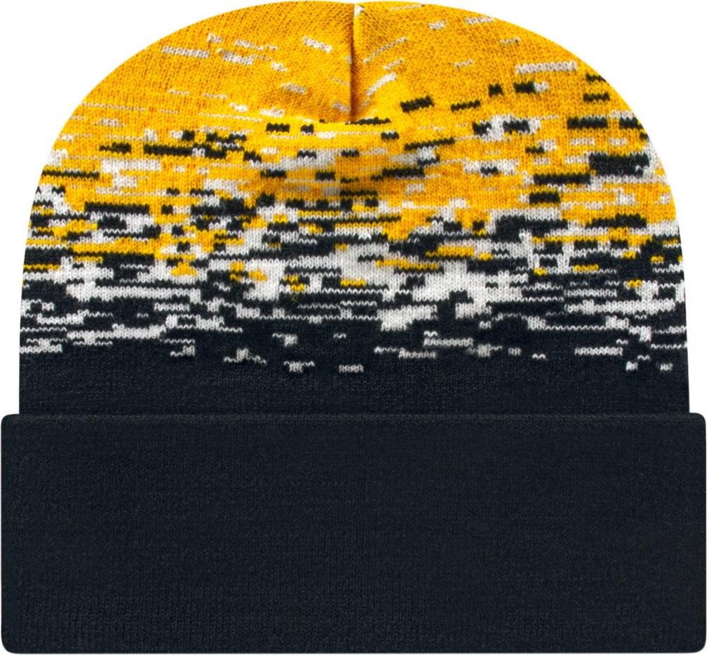 Cap America RKS12 Static Pattern Knit Cap with Cuff - Black White Athletic Gold
