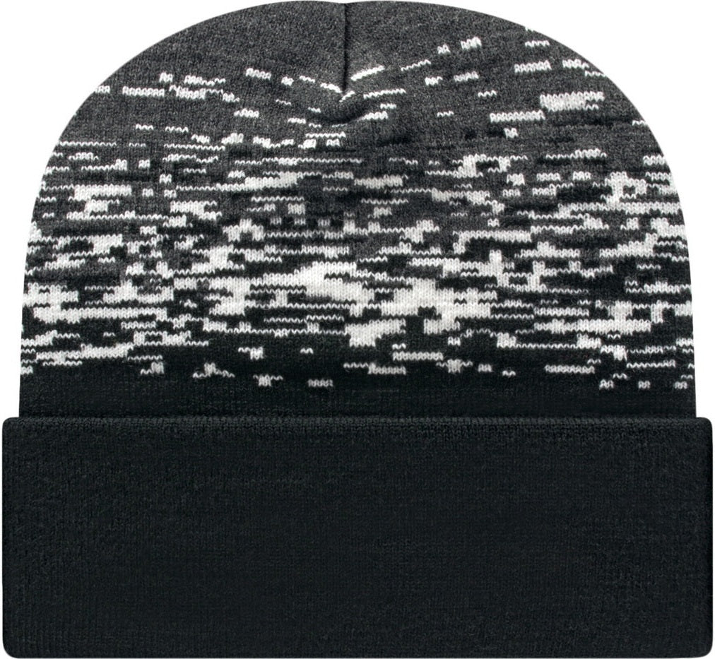 Cap America RKS12 Static Pattern Knit Cap with Cuff - Black White Dark Heather