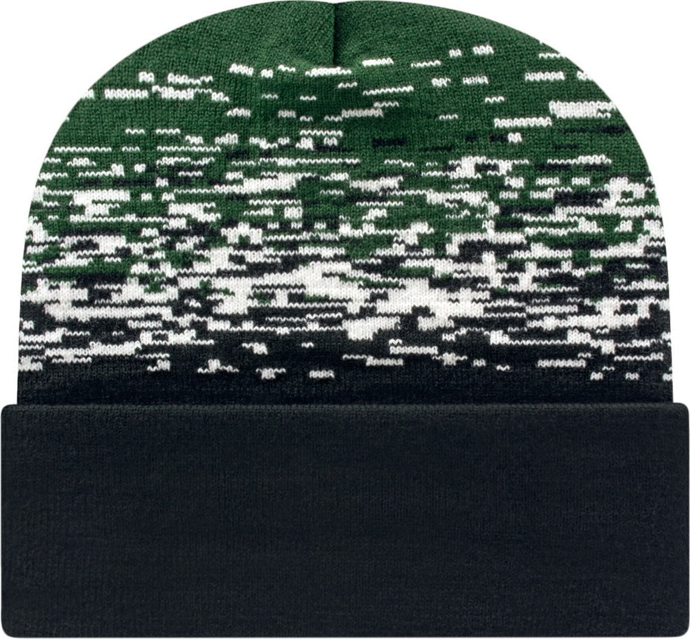 Cap America RKS12 Static Pattern Knit Cap with Cuff - Black White Forest Green