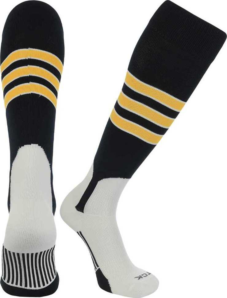 TCK Dugout Knee High Stirrup Socks - Black White Gold - HIT a Double - 1