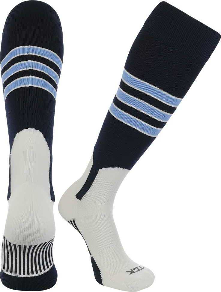 TCK Dugout Knee High Stirrup Socks - Navy White Columbia Blue - HIT a Double - 1