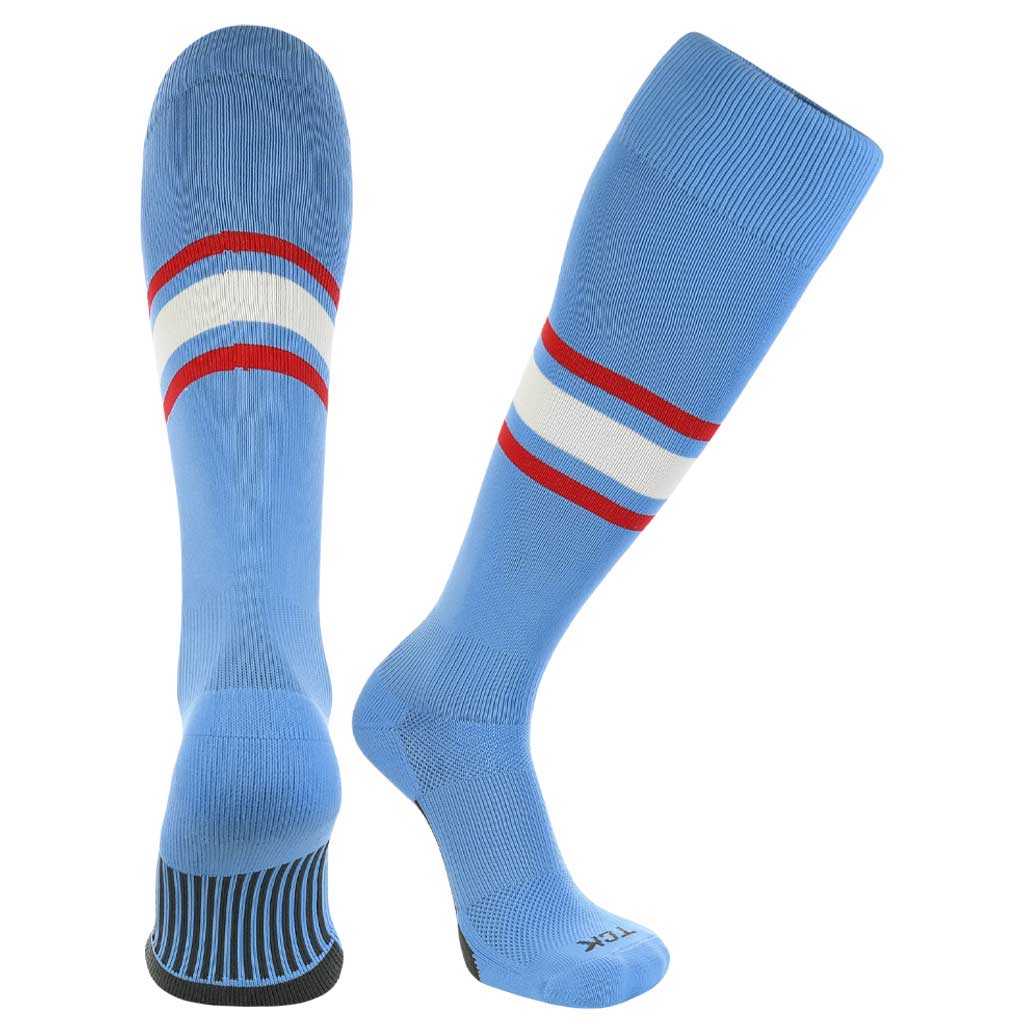 TCK Dugout Knee High Socks Pattern E - Columbia Blue Scarlet White - HIT a Double - 1