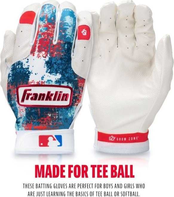 Franklin MLB Teeball Grow 2 Pro Batting Gloves - White Red Blue - HIT a Double - 2