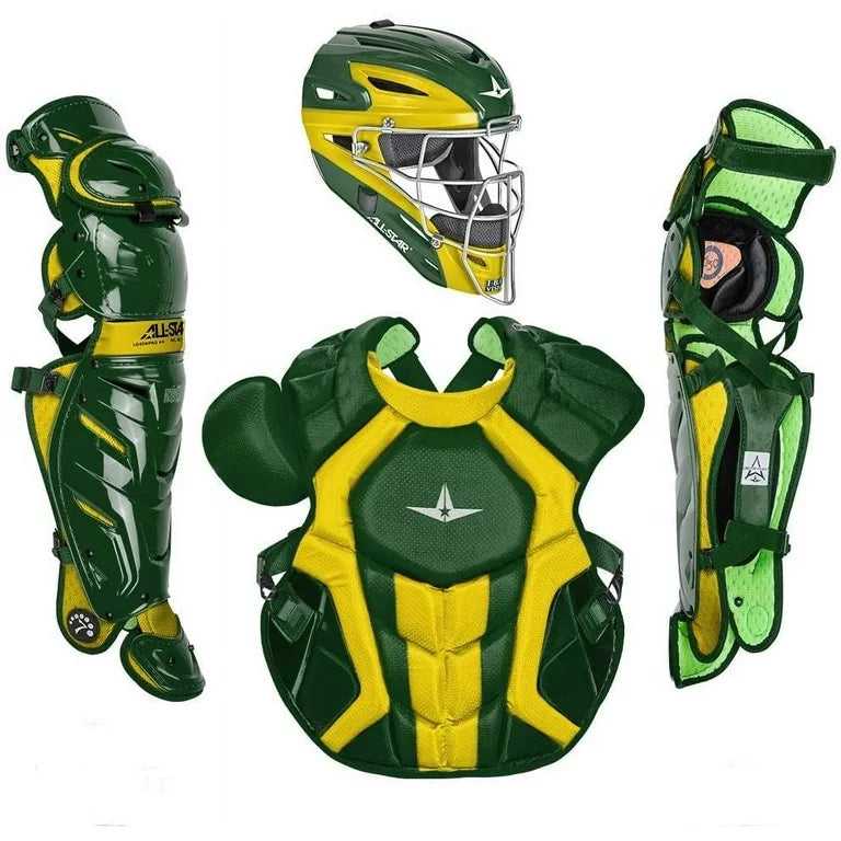 All-Star System 7 Certified NOCSAE Young Pro Catcher's Set Ages 9-12 - Dark Green Gold - HIT a Double - 1