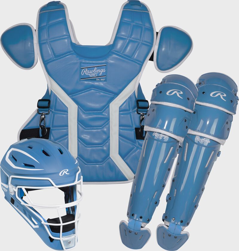 Rawlings MACH PRO Intermediate Baseball Catcher's Set - Columbia Blue White - HIT a Double - 1