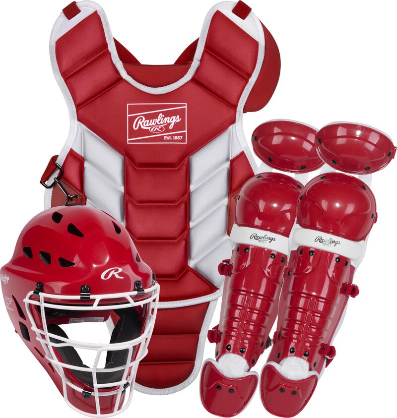 Rawlings Players 3 Series Tee Ball Baseball Catchers Gear Set - Scarlet White - HIT a Double - 1