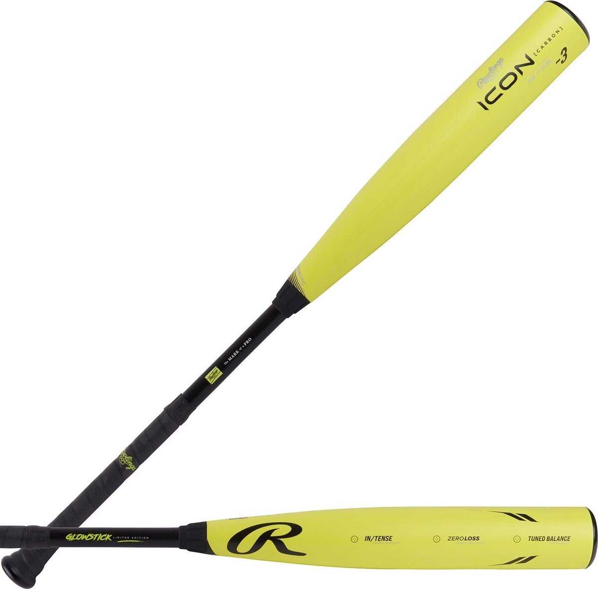 Rawlings 2024 Icon Glowstick Limited Edition -3 BBCOR Bat - Black Yellow - HIT a Double - 1