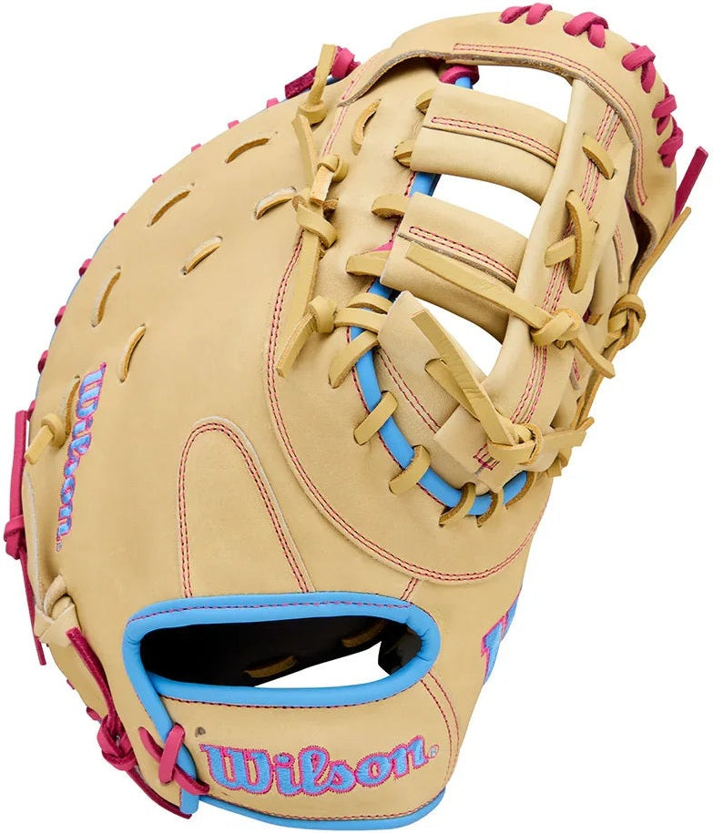 Wilson A1000 1750 12.50" 1st Base Baseball Mitt WBW103968125 - Blonde Cool Blue Flamingo Pink - HIT a Double - 1