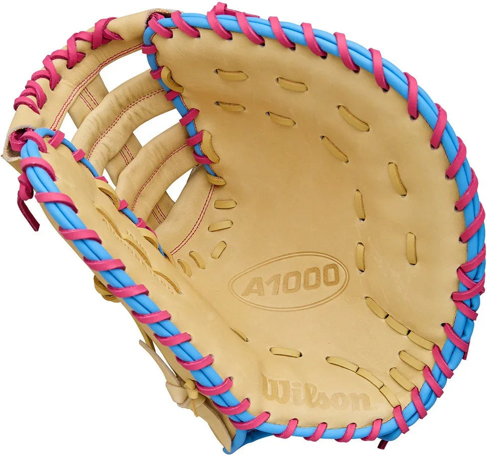 Wilson A1000 1750 12.50" 1st Base Baseball Mitt WBW103968125 - Blonde Cool Blue Flamingo Pink - HIT a Double - 2