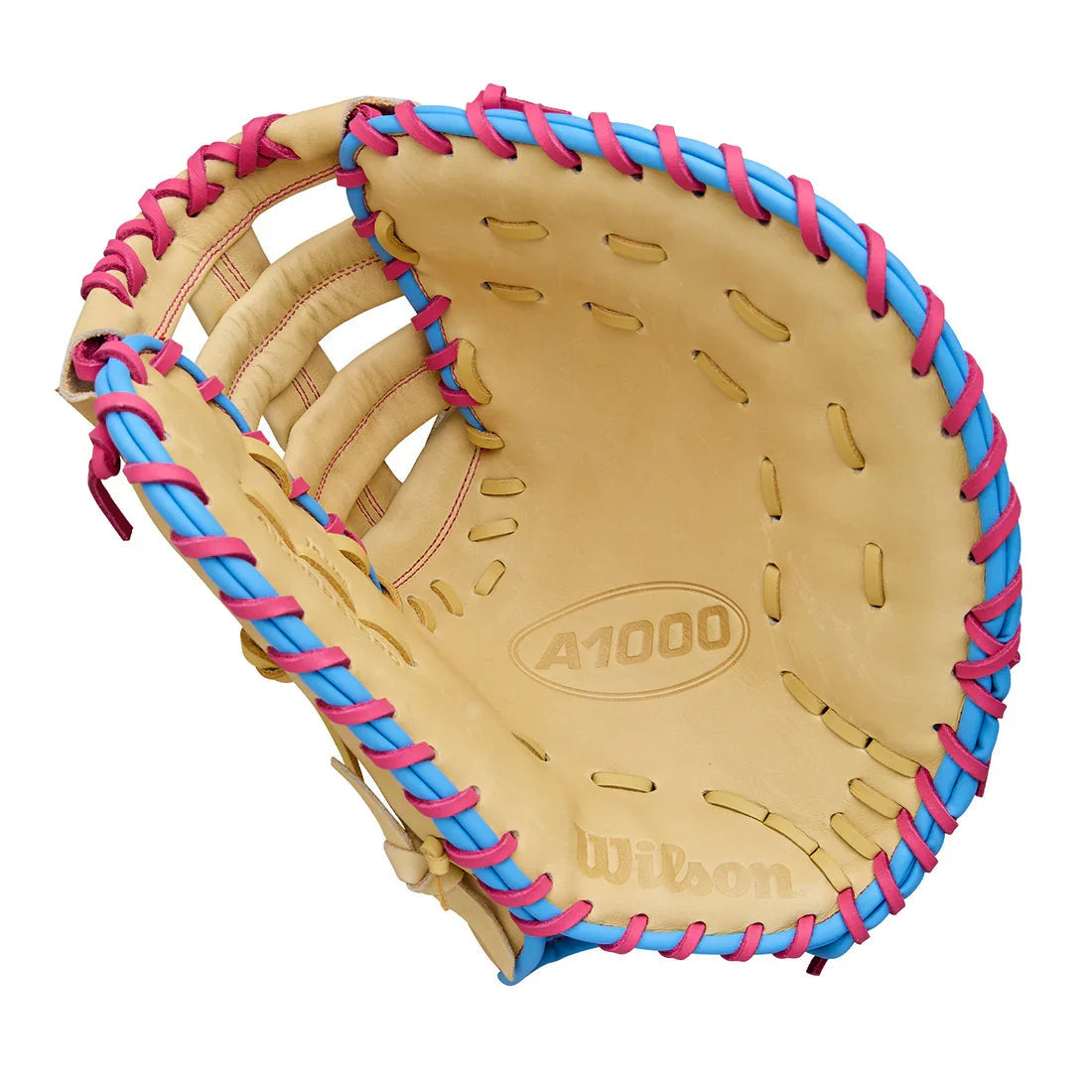 Wilson A1000 1750 12.50" 1st Base Baseball Mitt WBW103968125 - Blonde Cool Blue Flamingo Pink - HIT a Double - 1