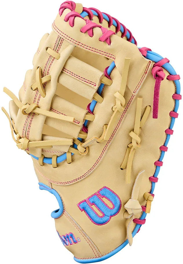 Wilson A1000 1750 12.50" 1st Base Baseball Mitt WBW103968125 - Blonde Cool Blue Flamingo Pink - HIT a Double - 4