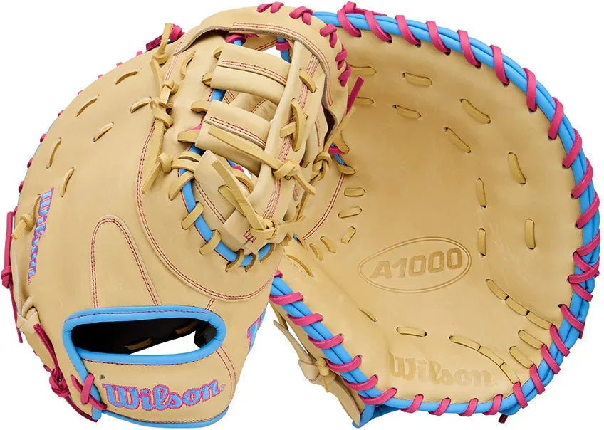 Wilson A1000 1750 12.50" 1st Base Baseball Mitt WBW103968125 - Blonde Cool Blue Flamingo Pink - HIT a Double - 3