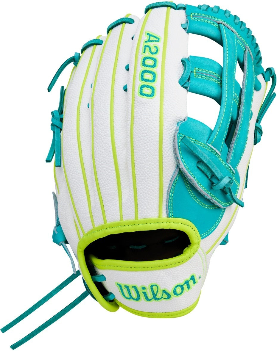 Wilson A2000 Spring Series FP50 12.25” Fastpitch Outfield Glove WBW1042371225 - Teal  White Yellow - HIT a double - 1