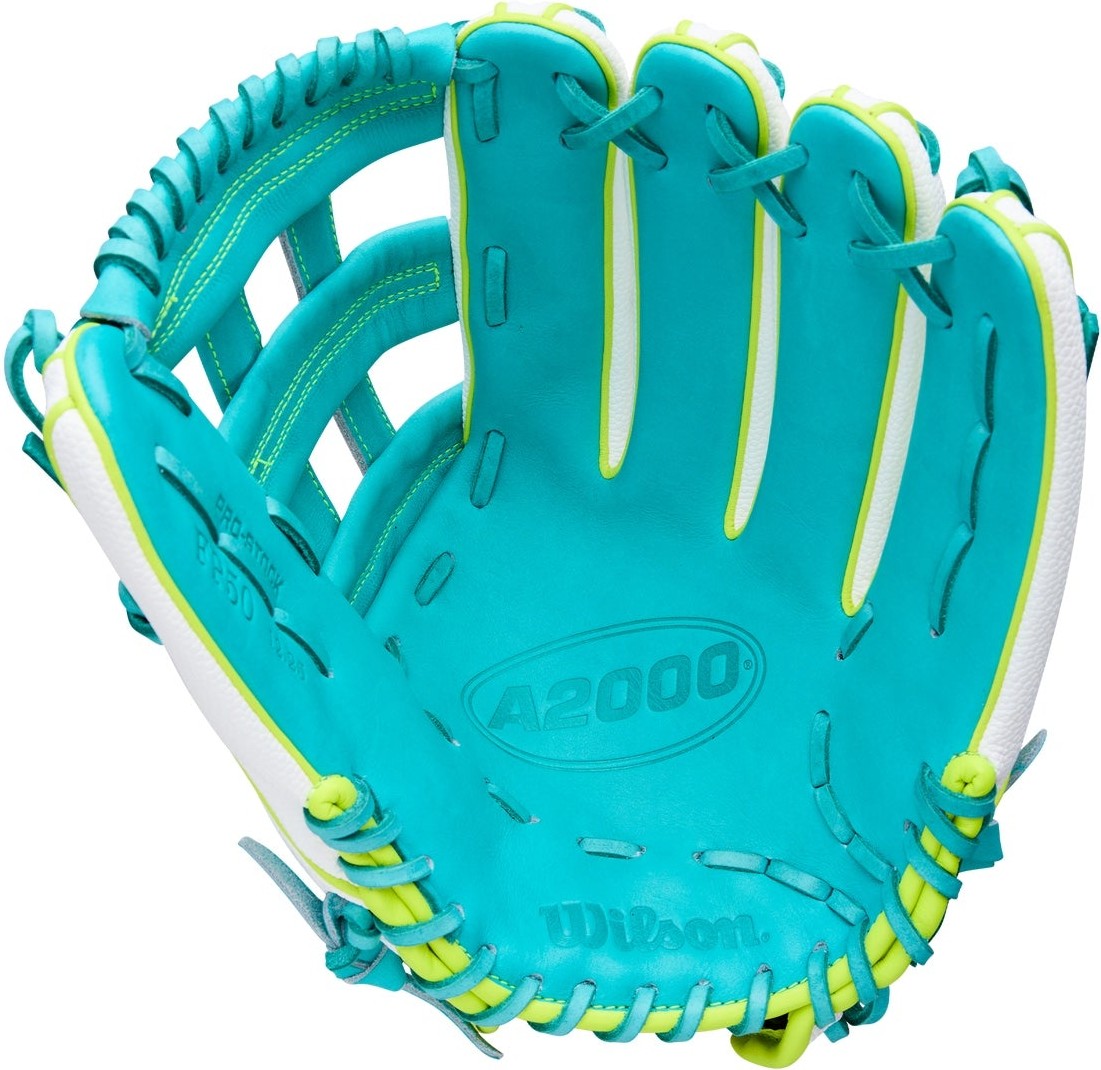 Wilson A2000 Spring Series FP50 12.25” Fastpitch Outfield Glove WBW1042371225 - Teal  White Yellow - HIT a double - 1