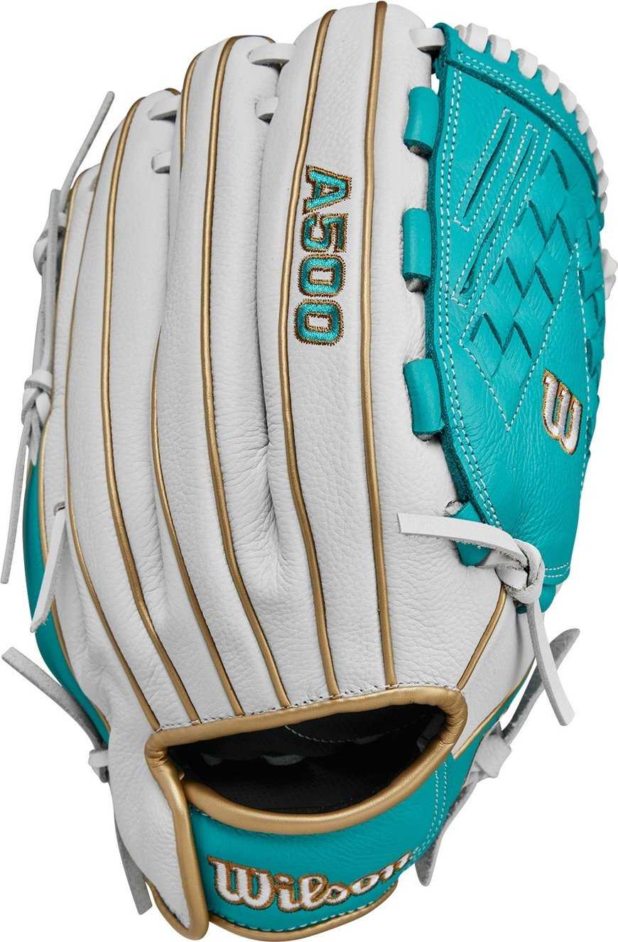 Wilson A500 Siren Youth Fastpitch 12.50&quot; Outfield Glove WBW101422125 - White Teal - HIT a Double - 1
