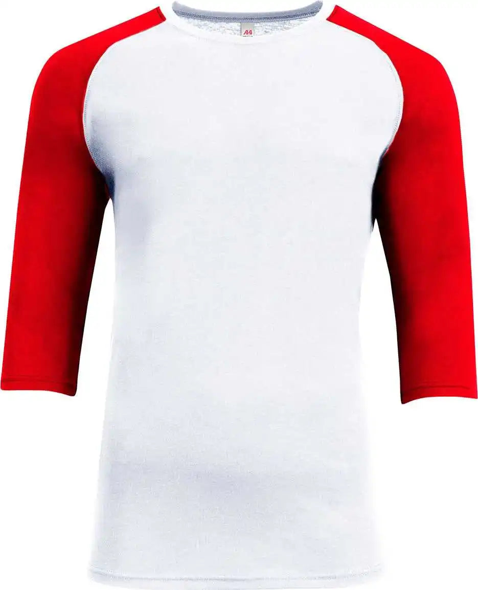 A4 N3514 Unisex Softek Quarter Sleeve Color Block Raglan t Shirt White Scarlet