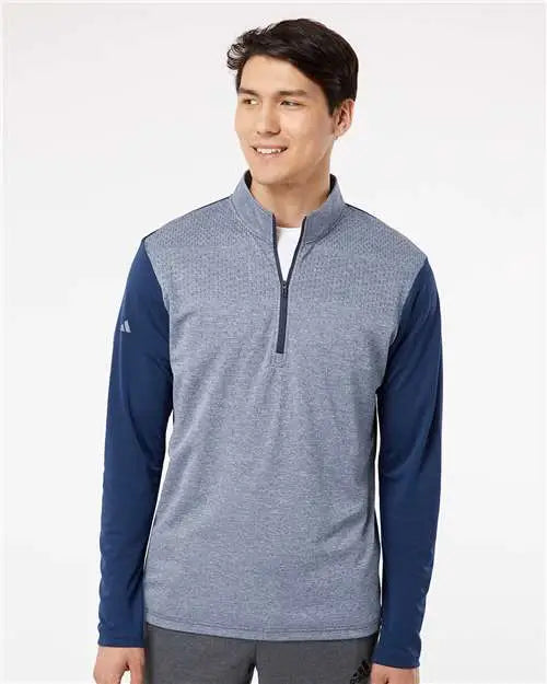 Adidas A522 Heather Block Print Quarter-zip Pullover - Collegiate Navy Melange Grey Three