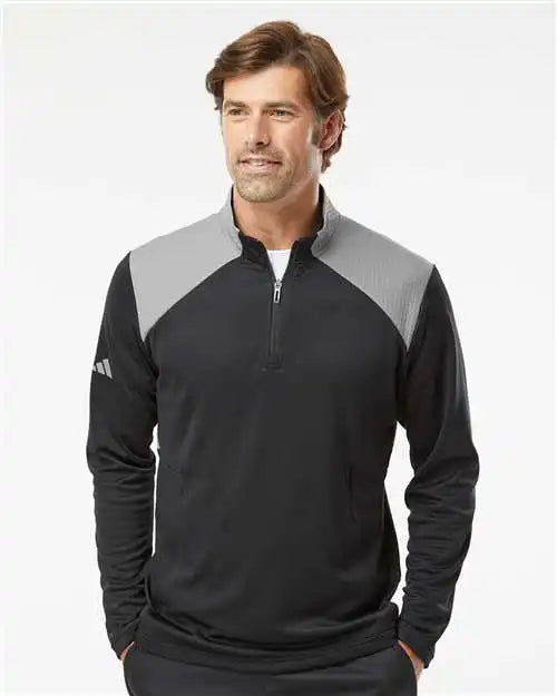 Adidas A532 Textured Mixed Media Quarter-zip Pullover - Black Grey Three