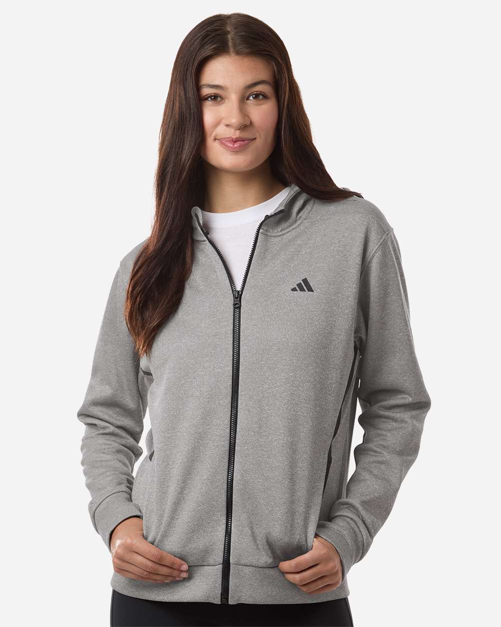 Adidas At209 Women’s Game & Go Fleece Full-zip Hooded Sweatshirt - Medium Grey Heather Black