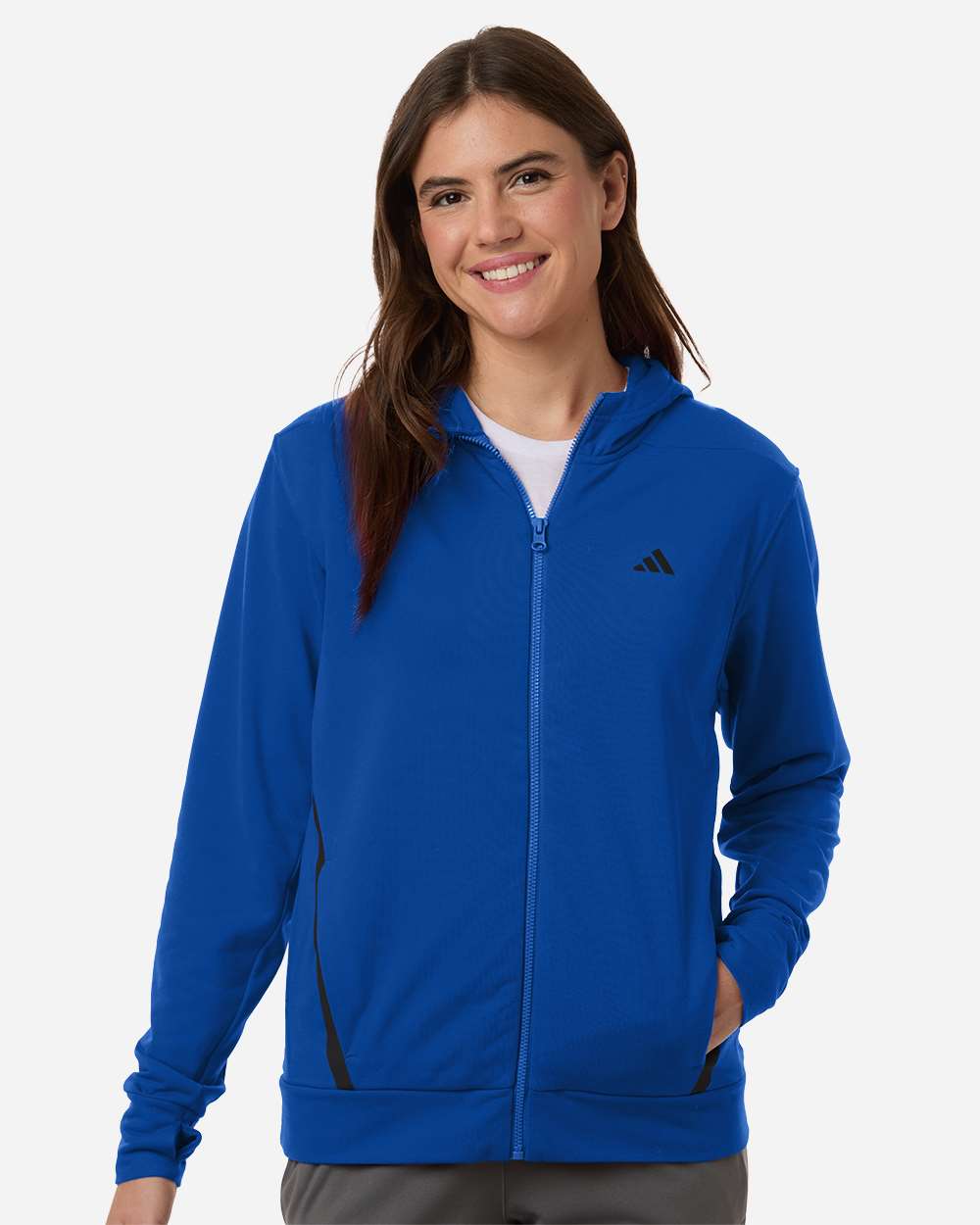 Front view of Team Royal Blue/Black Adidas AT209 Women's Game & Go Fleece Full-Zip Hoodie