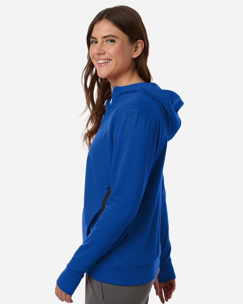 Side view of Team Royal Blue/Black Adidas AT209 Women's Game & Go Fleece Full-Zip Hoodie