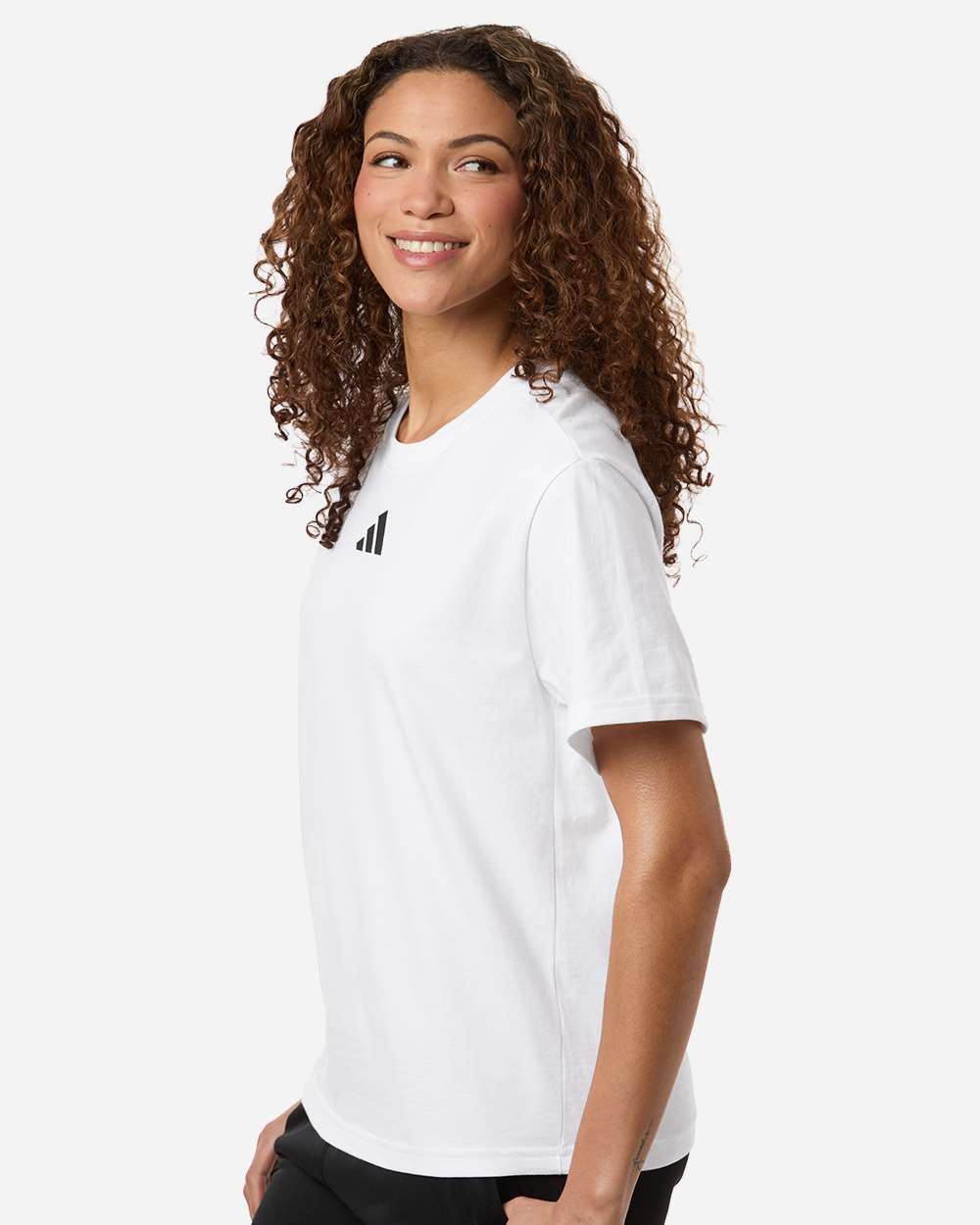 Side view of White/Black Adidas AT107 Women's Fresh T-Shirt