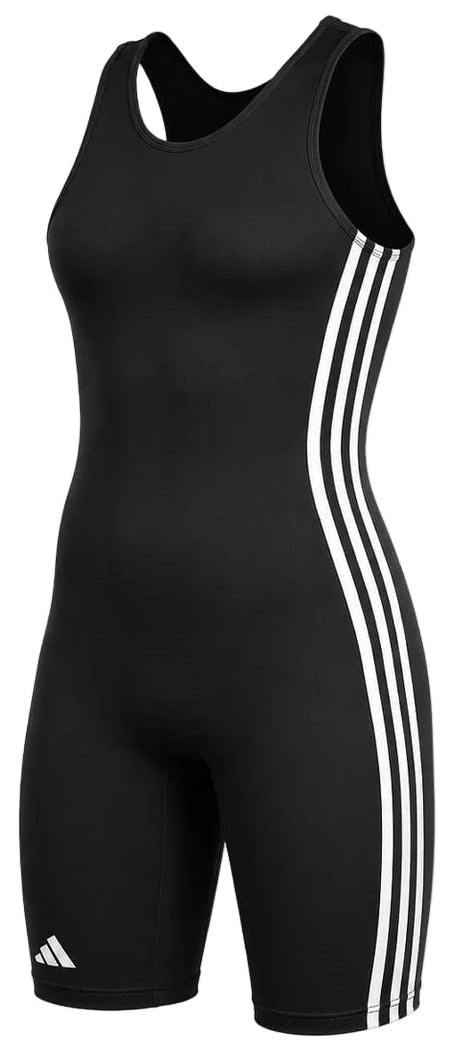 A black sleeveless athletic jumpsuit with white three-stripe detailing on the sides and a small white Adidas logo near the lower left leg, shown against a light gray background.
