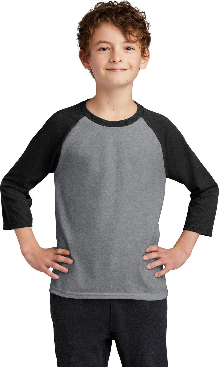 AH/Jet Black Port & Company Youth Core Blend 3/4-Sleeve Raglan Tee. PC55YRS