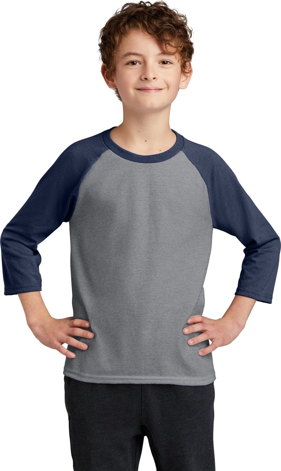 AH/Navy Port & Company Youth Core Blend 3/4-Sleeve Raglan Tee. PC55YRS