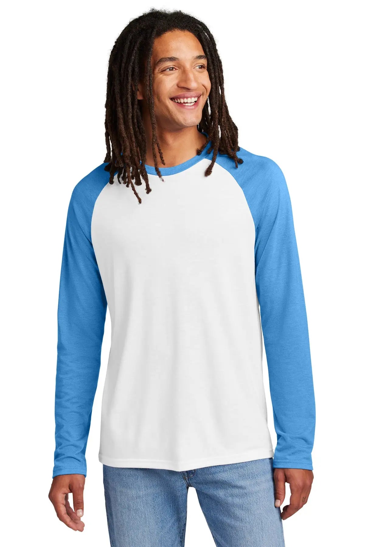 Allmade Al6009 Allmade Unisex Tri-blend Long Sleeve Colorblock Raglan - Azure Blue Bright White - Blue/ / Adult Xs