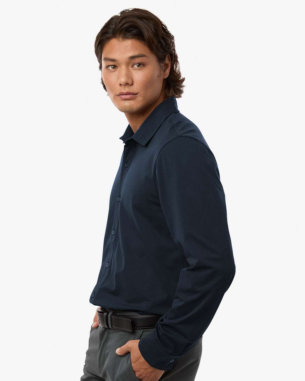Side view of Navy AllPro 41SPLS Men's Pro-Flex Button Down Shirt